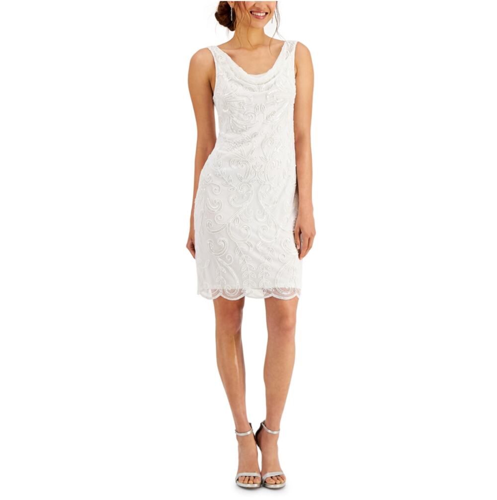JKara White Cocktail Party Dress Beaded Sleeveless Cowl Neck Sheath Size 6